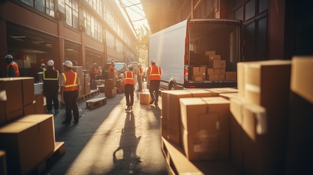 Verzending Cargo Container Trailer Truck geparkeerd laden pakketdozen bij Dock Warehouse