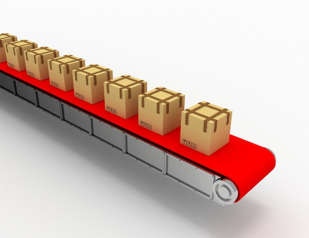 Foto verzending van dozen op transportband. 3d-gerenderde afbeelding