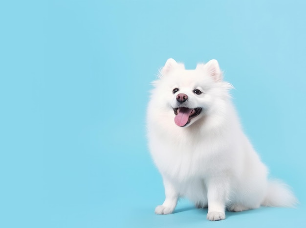 Verzorgde vrolijke witte kleur spitz hond op blauwe pastel hemelachtergrond met pluizige wolken met kopieerruimte