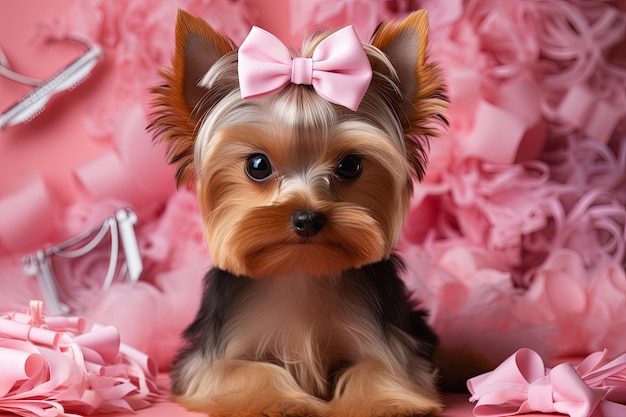 Verzorgen kleine schattige Yorkshire Terrier gekamd met een kam op de achtergrond met kopieerruimte Banner sjabloon voor verzorgingssalon Generatieve AI