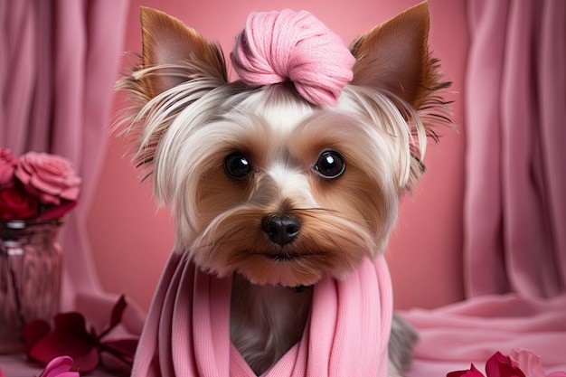 Verzorgen kleine schattige Yorkshire Terrier gekamd met een kam op de achtergrond met kopieerruimte Banner sjabloon voor verzorgingssalon Generatieve AI