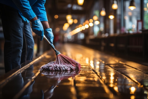 Verzorger die de vloeren van de gangen van het kantoor schoon maakt en onderhoudt Generatieve AI