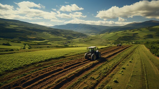 Verzorging van gewassen Luchtbeeld van een tractor die een bebouwde landbouwveld bemest.