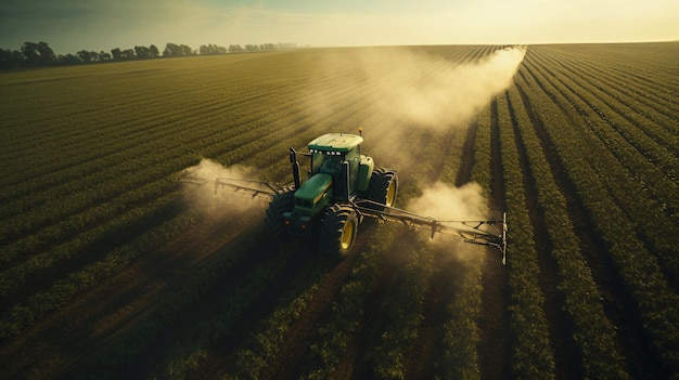 Verzorging van gewassen Luchtbeeld van een tractor die een bebouwde landbouwveld bemest.