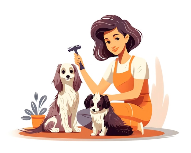 verzorging verzorging van een hond gelukkig gezond huisdier illustratie van een verzorger die aan een witte achtergrond werkt