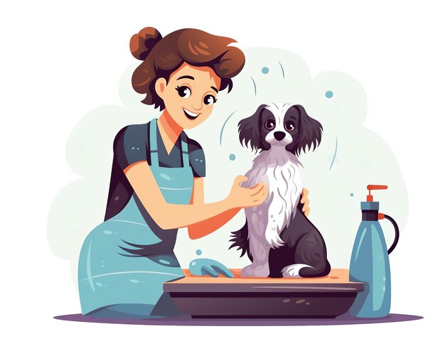 Foto verzorging verzorging van een hond gelukkig gezond huisdier illustratie van een verzorger die aan een witte achtergrond werkt
