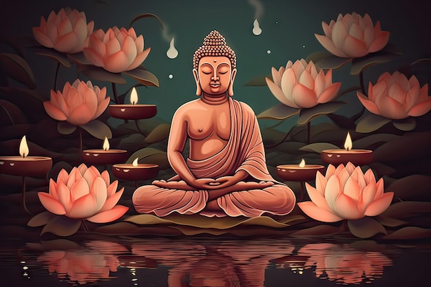 Vesak-dag met generatieve AI van boeddha en lotus