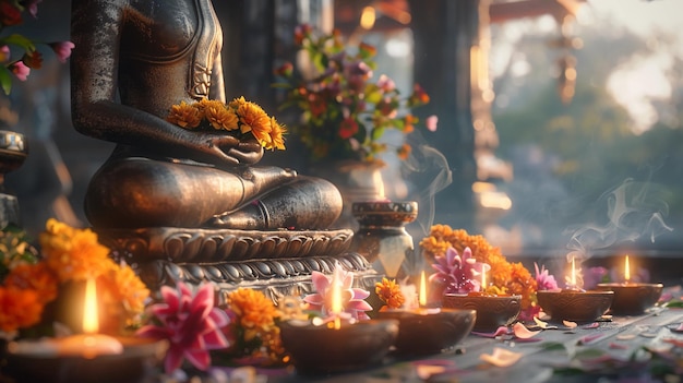 Vesak offerings candles incense and flowers set in front of ancient Buddha statue AI Generated