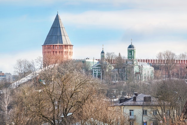 Veselukha Tower and the Intercession Church in Smolensk under the blue spring sky