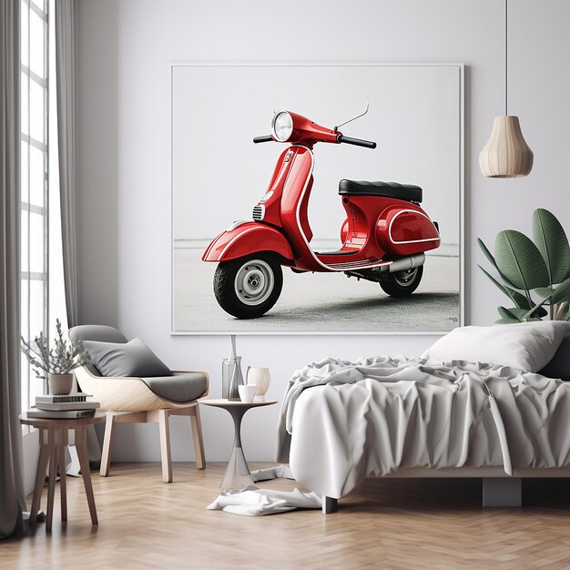 Foto decorazione del poster della vespa sulla parete bianca