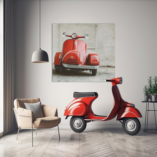 Foto decorazione del poster della vespa sulla parete bianca