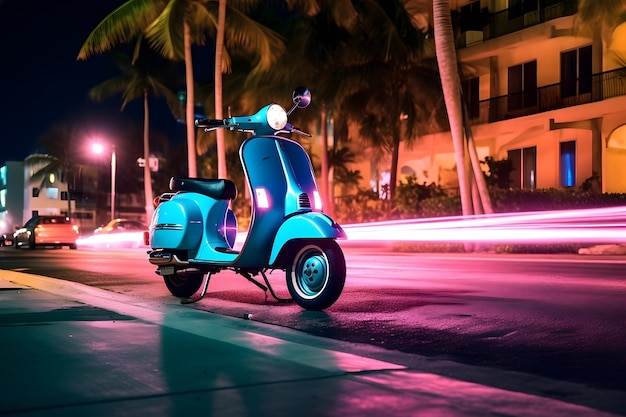 Скутер Vespa припаркован ночью в Майами-Бич