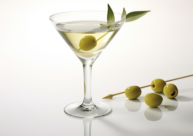 Photo a vesper martini cocktail garnished with a twist of lemon peel and a green olive on a pristine white