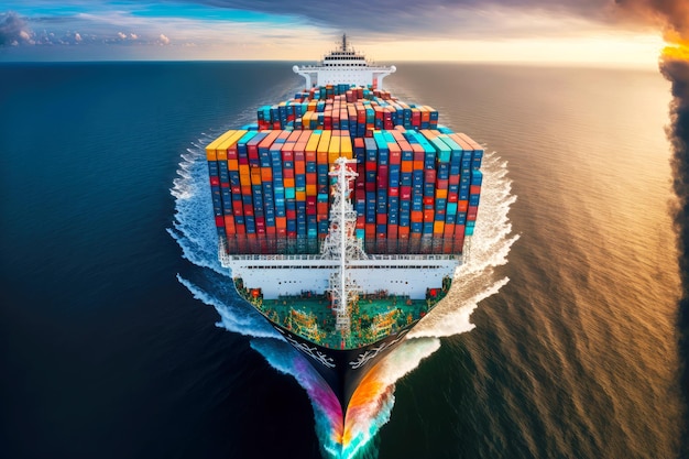 Vessel is sailing with hundreds of containers on deck global business logistics