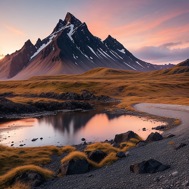 Vestrahorn-gebergte bij zonsondergang in Stokksnes gegenereerd door AI