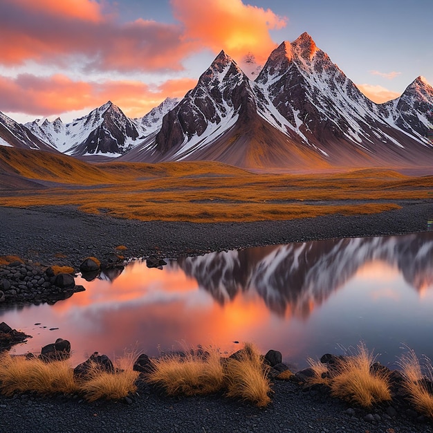 AI によって生成されたストックネスの夕暮れのヴェストラホルン山脈