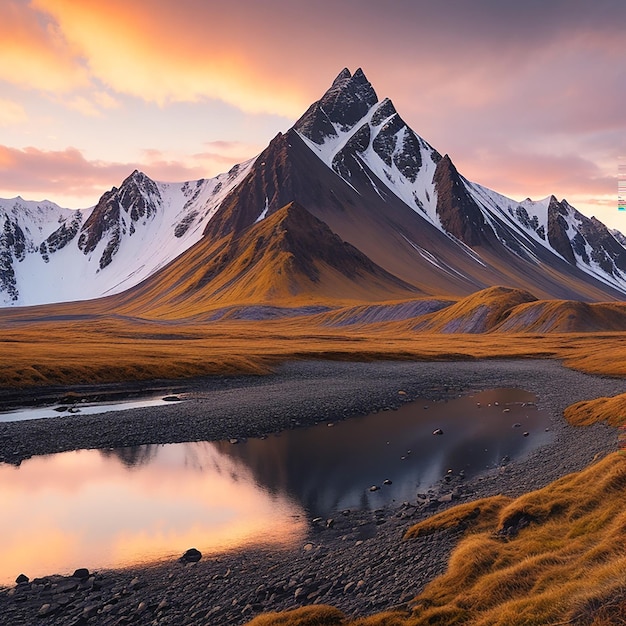 AI によって生成されたストックネスの夕暮れのヴェストラホルン山脈