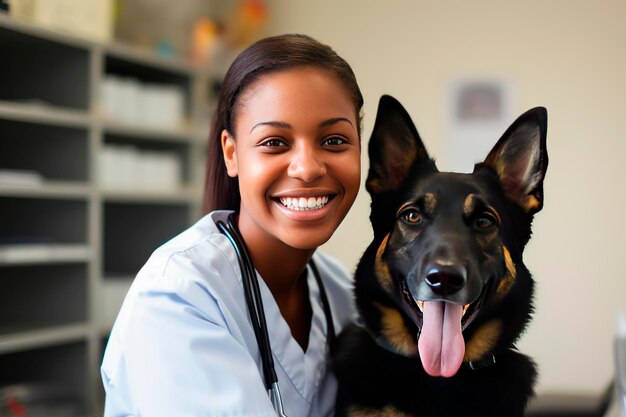 Foto clinica veterinaria un cane ad un appuntamento con un veterinario gabinetto donna afroamericana dalla pelle scura