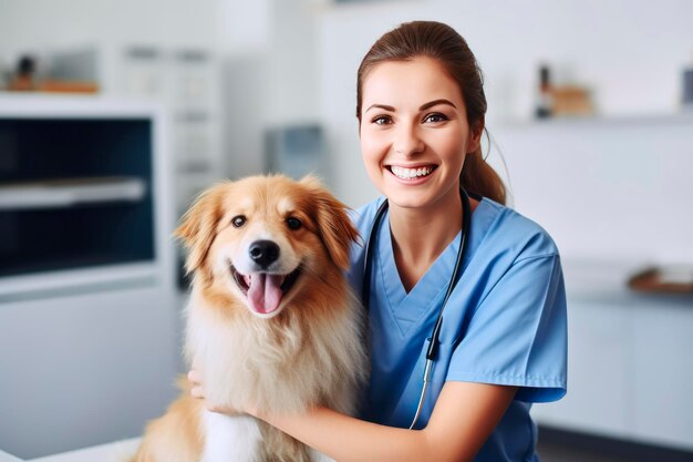 Foto clinica veterinaria un cane ad un appuntamento con un veterinario cabinet dottore donna abbraccia un cane