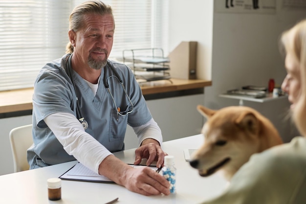 Vet Doctor Prescribing Medicine to Dog Patient