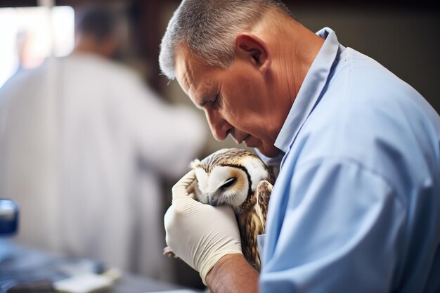 写真 救助されたオオカミの翼を検査する医