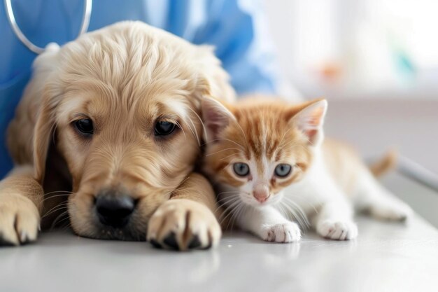 Photo a vet examining a dog and cat at the animal clinic