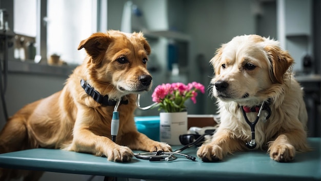 수의사는 스테토스코프로 개를 검사합니다. 애완동물을 돌보는 것은 중요합니다.