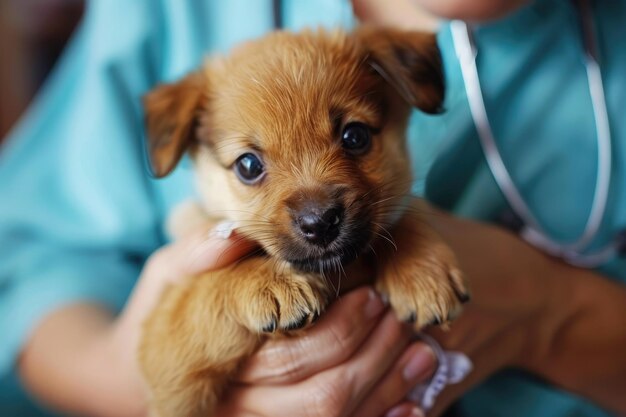 Foto veterinario che tiene in mano un piccolo cucciolo