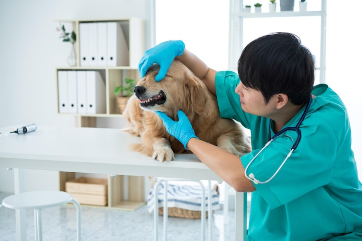 Photo 医は病院の診察室でゴールデン・レトリバー犬の目を検査している