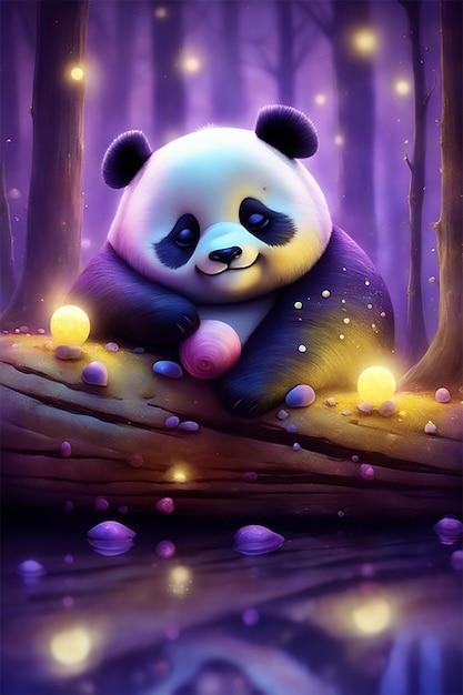 Vet luie panda rust op een boomstam gloeiende kanaal deeltje geel maanlicht nieuwe licht paarse sprou