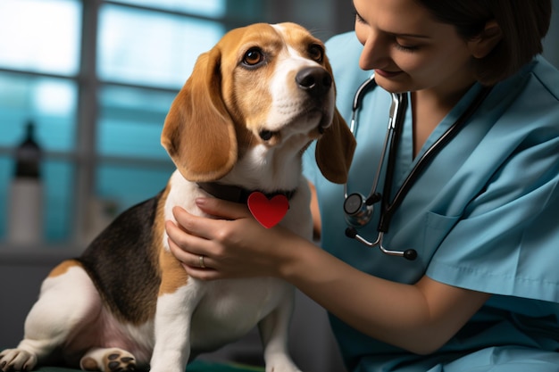 Foto un tecnico veterinario che esamina un beagle