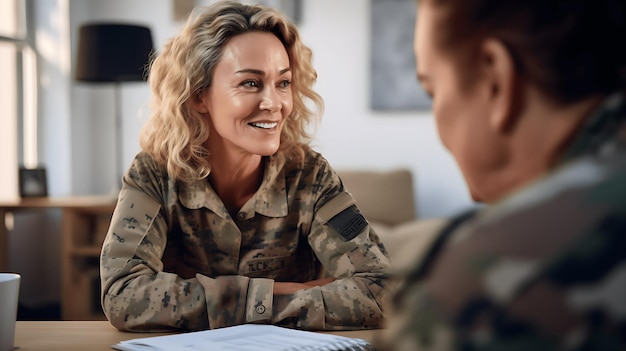 Veteraan man in camouflage op afspraak met psycholoog Concept depressie PTSD rehabilitatie