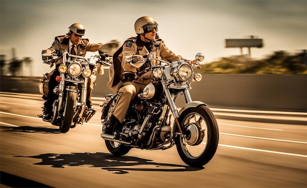 Foto chip veterani pattuglia della polizia in moto in sella a biciclette steampunk cartoline divertenti arte generativa ai