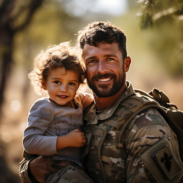 Veteran Day Military man father carrying happy little son with american flag happy july 4th