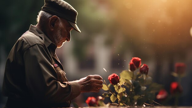 a veteran military person at a war memorial making a heartfelt offering of flowers