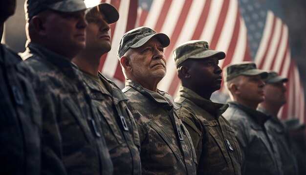 Foto veteranen in formatie groeten de amerikaanse vlag op veteranendag in stock beeld