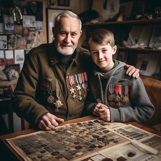 Veteranendag Memorial Day Onafhankelijkheidsdag Grootvader toont kleinzoon oude oorlogsmedailles VS