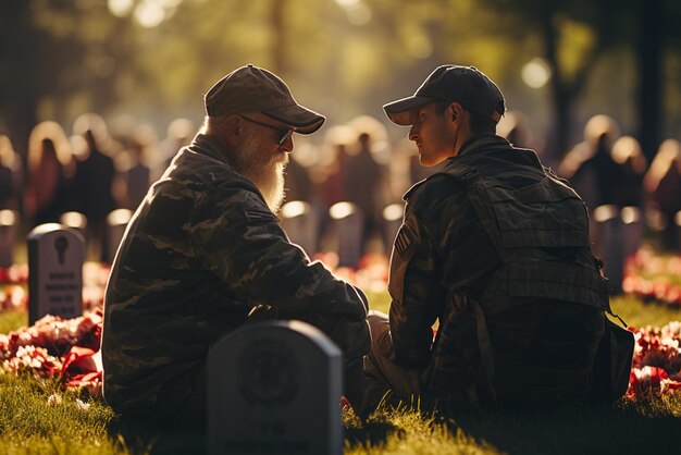 Photo veterans are sitting near graves of american heroes