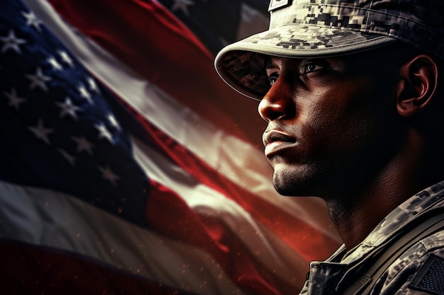 Veterans day background with flag and soldier