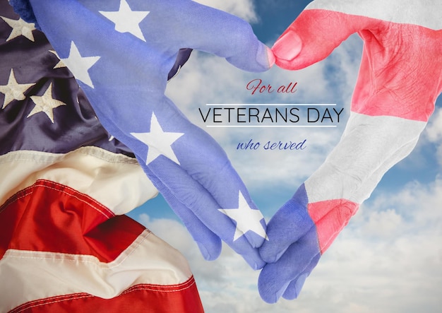 Veterans day, flag usa on hands with text