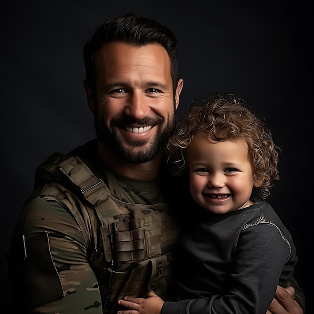 Veterans Day Militaire man vader knuffelt zoon Portret van gelukkige Amerikaanse familie focus op vader terug