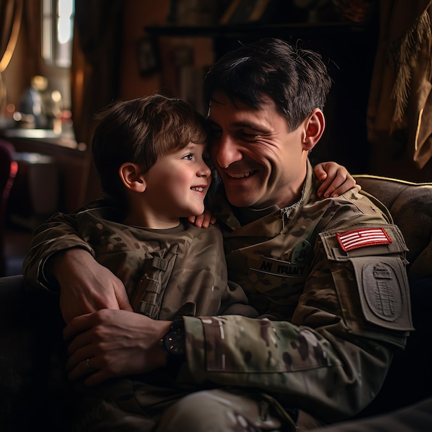 Veterans Day Military man father hugs son Portrait of happy american family focus on father back