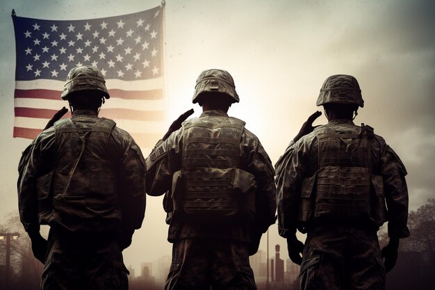 Veterans Day soldaten groeten tegen de achtergrond van de Amerikaanse vlag