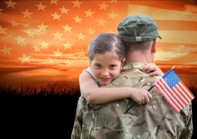 Veterans day soldier in front of flag