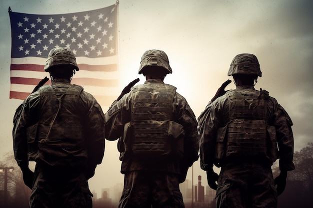 Veterans day soldiers salute against the backdrop of the american flag