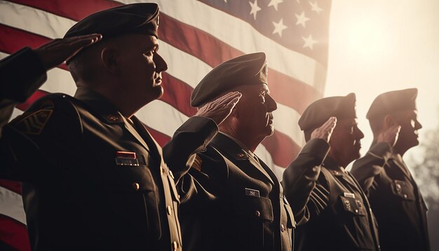 Foto i veterani in formazione salutano la bandiera americana il giorno dei veterani nell'immagine stock