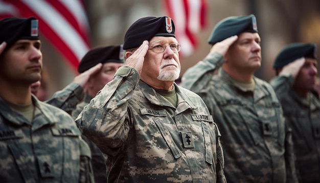 Veterans in formation salute american flag on veterans day in stock image
