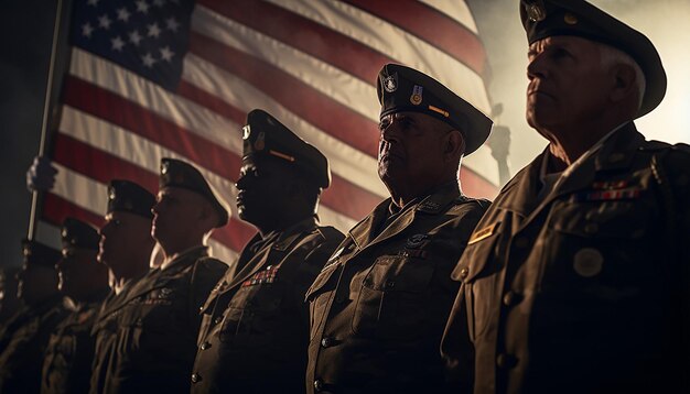 Photo veterans in formation salute american flag on veterans day in stock image