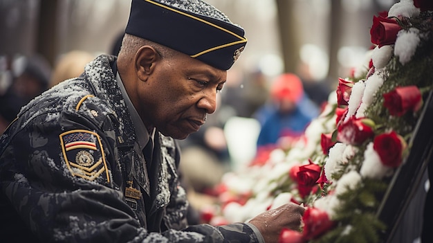 退役軍人が墓の壁紙に花束を置く