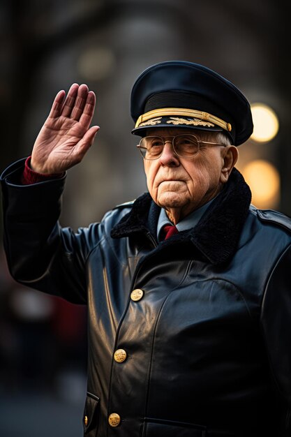 Foto veterani che salutano risolutamente contro i monumenti degli stati uniti in una commovente giornata dei veterani